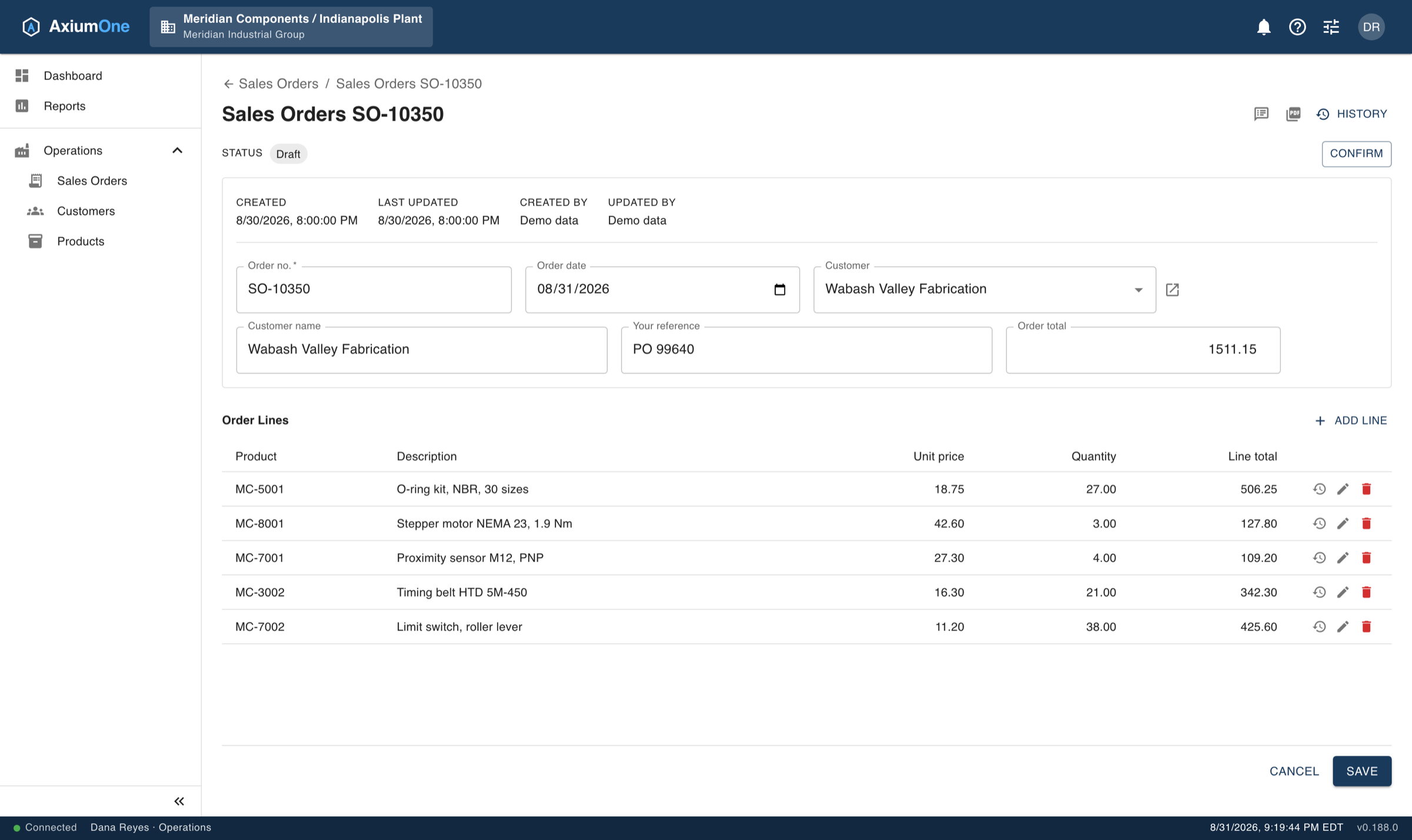A sales order in AxiumOne: header fields including customer and order date, a Draft status with a Confirm action, five order lines with unit price, quantity and line total, and an order total calculated from the lines.